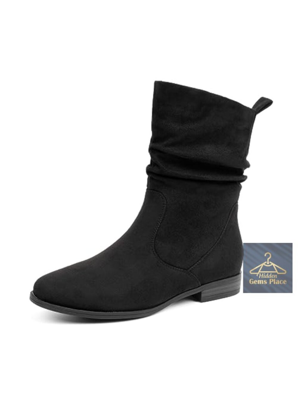 Women Mid-Calf Slouchy Boots Round Toe Low Heel Faux Suede Zip